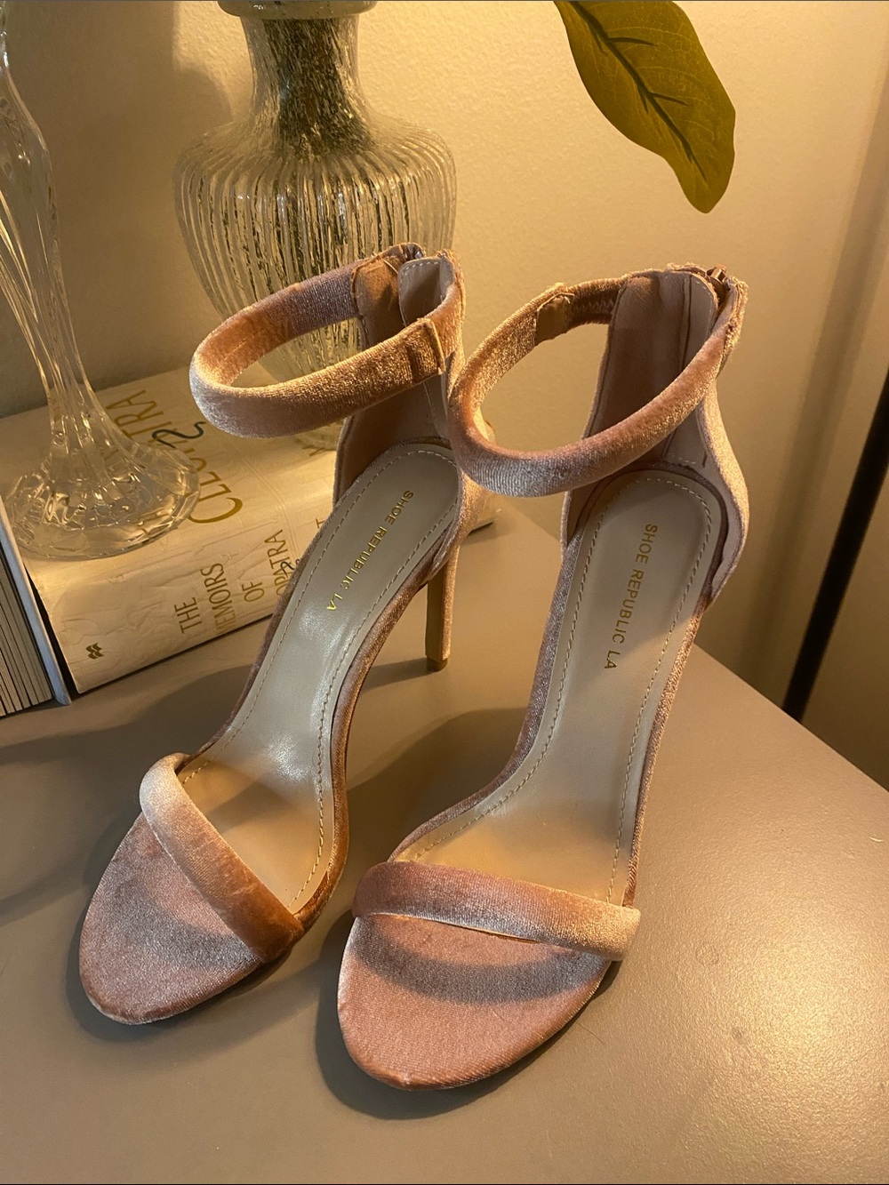 Shoe Republic LA Blush Velvet Ankle-Strap Stiletto Heels/NWOT